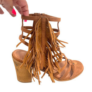 Brown Suede Gladiator Fringe Sandals Sz 9.5 Block Heel Boho Hippie Festival Fall